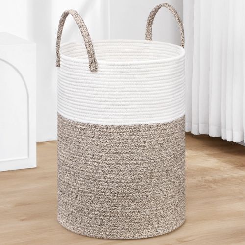 JOJOSEE Large Storage Basket, Rope Laundry Basket with Handle, Tall Woven Rope Storage Baskets,Toy Storage for Kids, Rope Basket for Living Room, Nursery, Bedroom 58L(White & Brown)